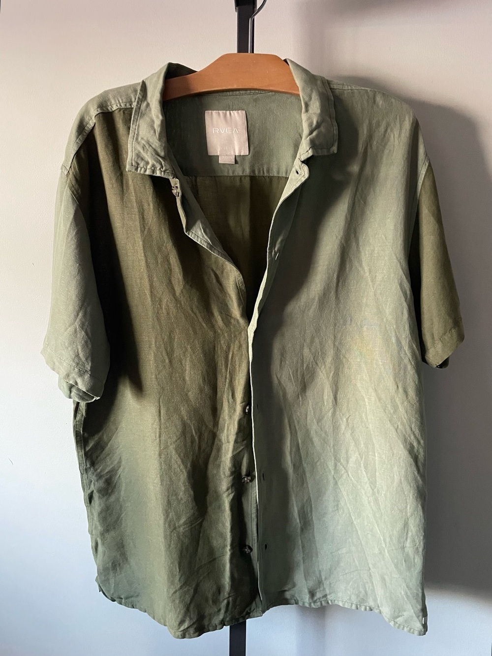 RVCA Linen Blend Colorblock Short Sleeve Button Up Shirt Green Large